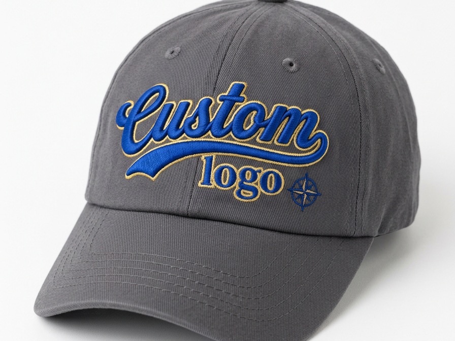 Grey twill cap with a raised, multi-colour embroidered script logo across the front panel