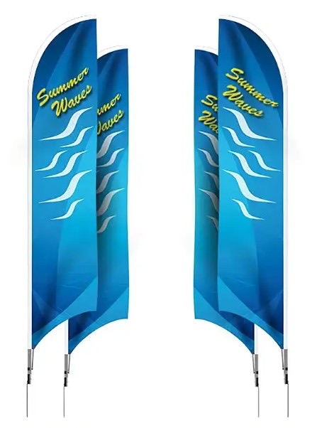 Pair of printed blue feather flags on ground spikes, curved edge facing out