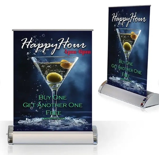 Retractable roll-up banner stands in tabletop and full height, printed edge to edge